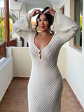 Taooba-V-neck Hollowed Out Sexy Dress, Knitted Tight Fitting Long Sleeved Autumn and Winter New 2023 Fashion Casual Perspective Elegant