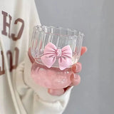 Taooba-Cute Round Bow Tie Glass Tea Cup Home Creative High Value Girls Fruit Tea Lemon Water Cup Vertical Pattern Mark Cups