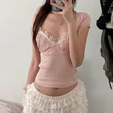 Taooba-Pure Lace Bra Show Thin Knitted Short Sleeve T-shirt for Summer Women's Tees 2024 New Slim bow Sexy V-neck Show Thin Short Tops