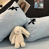 Instagram Embroidered Blue Lazy and Cute Rabbit Soybean Summer Quilt Set of Four, Washable Towel Embroidered Thin Sheet, Two