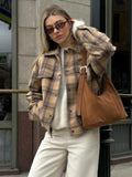 Taooba 2024 New Fashion Single Breasted Plaid Wool Pilot Jacket Chic Lapel Flip Pockets Oversized Coats Autumn Lady Street Outerwears