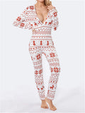 Taooba-Women Y2k Christmas Pajama Print V Neck Long Sleeve Jumpsuits with Buttons  Loungewear Soft Sleepwear Female Nightwear