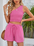 Taooba-Women’s Casual 2 Piece Going Out Outfits Sleeveless One Shoulder Smocked Crop Tops + Tie up Shorts Sets Summer Tracksuits