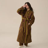 Taooba Christmas Gift Thickened Flannel Robe Pants Pajamas Set Autumn Winter New Couple Coral Velvet Women Men Bathrobe Striped Lengthed Home Clothes