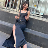 Taooba-2024 spring new women's fashionable and sexy temperament street shooting U-neck suspender top slit half-length skirt suit