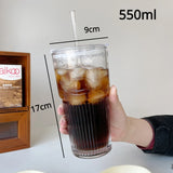 Taooba-1pc 600ml Stripe Glass Cup with Lid and Straw Transparent Drinking Glasses for Juice Iced Coffee Water Cup Outdoor Drinkware Mug