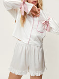 Taooba-Women y2k Cute Satin Comfy Pajama Set Long Sleeve Tie-up Contrast Color Shirt with Shorts Sleepwear Loungewear