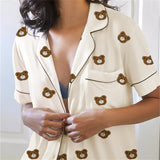 Taooba-Women y2k Cute Bear Print Pajama Sets Short Sleeve Button Closure Top with Shorts Sleepwear Comfy Loungewear