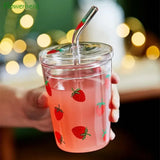 1pc Glass Water Cup Strawberry Clear Tumbler With Lid And Straw Transparent Bottle Wide Mouth Glass Cup for Home Office Outdoor