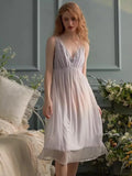 Taooba Sexy Deep V-neck Ice Silk Sleveless Nightgowns For Lady  Soft Lace Sleepwear Loose Royal  Summer Dress