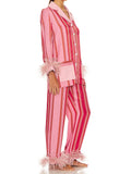 Taooba-Y2K Stripes 2 Piece Pajama Set with Feathers Women Long Sleeves Shirt and Elastic Pants for Loungewear Sleepwear for Nightwear