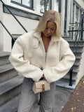 Taooba White Fashion Zipper Lamb Wool Jacket For Women Chic Lapel Long Sleeve Loose Cropped Coat Female Fall Winter Casual Outwear 2024