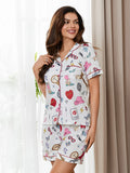 Taooba-Women Comfy Two Piece Pajama Set Y2K Cartoon Printed Satin Silky Short Sleeve Button Shirts Wide Leg Shorts Pjs Loungewear