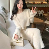 Taooba  Imitation Mink Fur Knitted Sweater Skirt Sets Temperament Round Neck Short Pullover Crop Top High Waist Bodycon Suit