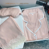 Taooba Christmas Outfit Spring Autumn New Ice Silk Soft Pajama Sets for Women Lace Lapel Cardigan Outfits for Women 2 Piece Set Sweet Pink Women Pajama