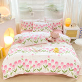 Ins Pink Tulip Bedding Set for Girls' Bedroom Decoration Flower Duvet Cover With Pillowcases Soft Washed Cotton Bed Sheet Set