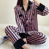 Taooba Women's Pajamas Sets Spring Autumn 2 Piece Striped Pyjama Faux Silk Satin Sleepwear Long Sleeve Button Pijama Mujer Pjs Homewear