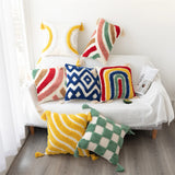 Taooba-Tufted Rainbow Plid Tassel Pillowcase Soft Cozy Tufting Sofa Cushion Cover Room Deocr  Hand-woven BohemiaThrow Pillowcover