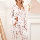 Taooba Women Sleepwear Loungewear Loose 2 Pieces Print Sweet Long Sleeve Lapel Neck Shirt Tops and Elastic Waist Pants Pajamas Set