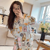 Taooba Christmas Outfit Pajamas for Female Spring and Autumncute Cat Cardigan Long Sleeved Pajamas Set Satin Loungewear Women Lingerie Kawaii Girl's Pjs