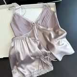 Taooba Christmas Outfit PLUS SIZE Suspender Pajamas Set Sleepwear Sexy Lace Bow Cami Shorts Pijamas Suit Lingerie Summer New Female Silky Satin Homewear