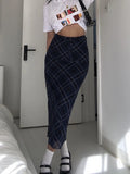 Taooba- Y2k Plaid Long Skirt Low Waist Slim Women Streetwear Gyaru Mesh Patchwork Straight Maxi Skirt Autumn Fashion Girl