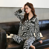 Taooba Christmas Outfit Spring Autumn Women Pajama Sets Faux Silk Satin Pijama Long Sleeve Luxury Lapel Sleepwear Zebra Stripes Pyjamas Female Home Suit