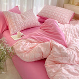 Duvet Set Korean Princess Pink Seersucker Bedding Kawaii  Duvet Cover Solid Color Queen Size Double Sheets Sets For Girls