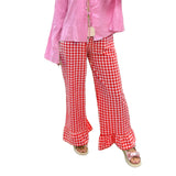 Womens Y2k Plaid Print Pants Gingham Ruffled Hem Elastic Waistband Wide Leg Loose Casual Pajama Trousers Streetweart