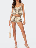 Taooba-Women's Summer Loungewear Set, Stripe Print Ruffled Cami Tops with Drawstring Shorts Sleepwear