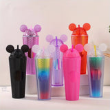 Taooba-1pc Studded Tumbler With Mouse Lid And Straw Shining Sparkling Gradient Colorful Large Capacity Double-wall Plastic Water Bottle