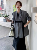 Taooba Ribbon Slit Blazer Coats For Women Notched Long Sleeves Loose Fashion Clothing Office Lady Casual Korean Style