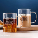 Taooba-1pc Glass Mug Good Morning Coffee Mug Heat Resistant Glass Coffee Cup Simple Stylish Cup for Couple Summer Winter Drinkware