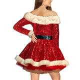 Taooba Fashion Sequin Santa Dress Women Christmas Fancy Party Dress Sexy Outfits Hoodie Santa Sweetie Cosplay Costumes