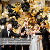 Black and Gold Balloons Garland Arch Kit with Starburst Foil Balloons for Wedding Birthday Family Party Decorations Supplies