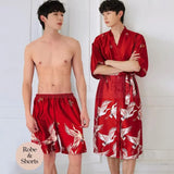 Taooba-Half Sleeve Print Men Satin Kimono Nightwear Crane Sleepwear Home Dressing Gown Robe Set Loungewear Nightgown Bathrobe