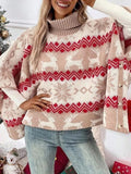 Taooba-Women's Christmas Sweaters Shawl Classic Elk Snowflake Print Batwing Sleeve Turtleneck Pullover Knit Tops 2024 New Year