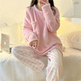 Taooba Christmas Outfit Fleece Thick Warm Women's Pajamas Set Winter Sleepwear Casual Solid Top and Plaid Pants Soft Pijamas Set for Women Home Suit