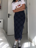 Taooba- Y2k Plaid Long Skirt Low Waist Slim Women Streetwear Gyaru Mesh Patchwork Straight Maxi Skirt Autumn Fashion Girl