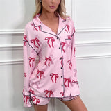 Taooba Dourbesty Women Satin Pajama Set Bow Print Long Sleeve Button Down Shirts Tops Elastic Waist Shorts 2 Pieces Lounge Outfits 2024