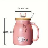 1pc 420ml Cartoon Cat Ceramic Mug Portable Coffee Cup With Wooden Lid And Stainless Steel Spoon Handle Drinking Cup For Home