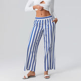 Taooba Women Classic Striped Loose Straight Leg Pants Mid Elastic Waist Casual Sleep Bottoms Female Lounge Pants