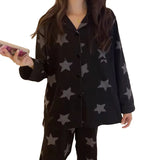 Taooba Christmas Outfit Korean Pajamas Women's Spring and Summer New Long-sleeved Black Star Full Print Loungewear Set Pijamas Women Lingerie Sleepwear