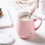 1set 400ml Cherry Blossom Ceramic Water Cup with Lid and Spoon Heat Resistant Cups for Home Office Embossed Coffee Mug Gift