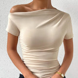 Taooba Solid One Shoulder T-shirt, Elegant Short Sleeve Ruched Top For Spring & Summer, Women's Clothing