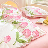 Ins Pink Tulip Bedding Set for Girls' Bedroom Decoration Flower Duvet Cover With Pillowcases Soft Washed Cotton Bed Sheet Set