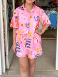 Taooba-Women 2 Piece Pajamas Outfits Boho Graphic Print Short Sleeve Shirt Elastic Waist Shorts Casual Beach Vacation Loungewear