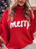 Taooba-Women Merry Sweaters Turtleneck Long Sleeve Letter Print Loose Knitted Pullover Merry Christmas Sweater