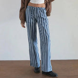 Taooba Spring Fall Wide Leg Pants Striped Plaid Drawstring Elastic Waist Trousers with Pockets Women Casual Lounge Pajamas Vintage Pant