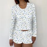 Taooba-Women Homewear Fruit Pajama Sexy Two Piece Outfits Set Long Sleeve Floral/Heart Print Tops and Shorts Set Loungewear